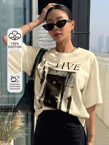 DAZY Letter Graphic Drop Shoulder Tee Oversized T-Shirt - Beige - View 6