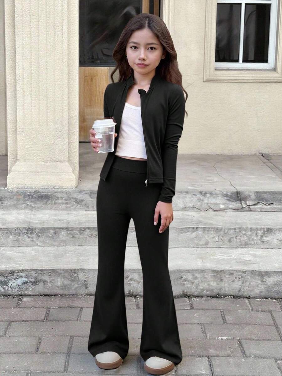 SHEIN 青少年女孩休闲纯色长袖上衣和喇叭裤两件套,适合秋冬季日常穿着 - 黑色 - 查看 1