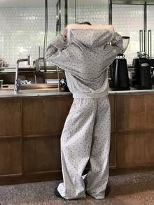 DAZY Women's All-Over Floral Print Long Sleeve Sweatshirt And Loose Long Pants, Casual Street Style Korean Two Pieces Set Fall - Grey - View 2