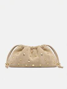 Maija Ladies Fashionable Elegant Simple Personalized Gold Rivet Khaki Suede Pumped Rope Clutch Bag, Daily Commuter Dating Party Afternoon Tea - Khaki - View 3