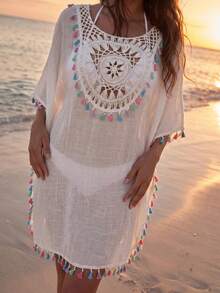 SHEIN فستان تغطية الشاطئ بتصميم الشرابات للنساء - أبيض - مشاهدة 1