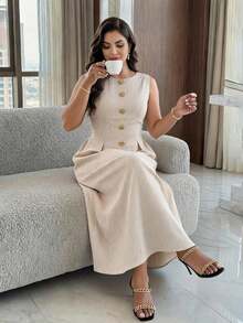 Dripcurv Plus Size Minimalist Elegant White Button Pleated Fashion Dress,Work Brunch High Tea For Women,Formal Casual Long Summer - Coffee Brown - View 5