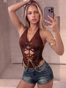 SHEIN ICON 女士串珠夏季套装 波西米亚风度假乡村音乐会套装 扎染交叉露背吊带编织链条装饰连体衣 - 彩色 - 查看 3