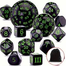 MINKOJA 15pcs Black & Neon Green Multi-Sided RPG Dice Set With Drawstring Storage Bag, D3-D100 Polyhedral Number Dice Collection, High-Contrast Tabletop Gaming Dice For Role-Playing Games, Board Games, Math Activities, Parties & Gifts - Multicolor - View 5