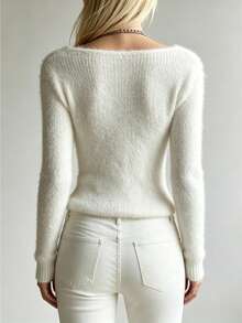 SHEIN Sweater Lengan Panjang Slim Fit Rajut Bergaris Leher V Warna Putih Gaya Seksi - Putih - View 2