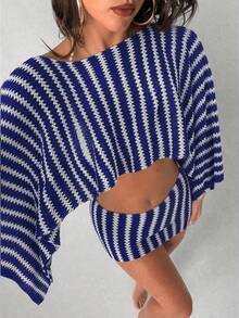 Bonvoyette Swim Chiccia 女款 2 件組 Y2K 性感寬鬆露肩長袖短版上衣與貼身低腰迷你裙，新款跨境優雅波西米亞復古條紋蝙蝠袖泳裝罩衫套裝，適合夏季海灘度假、休閒約會、春夏派對穿搭 - 彩色 - 查看 3