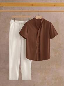EASEVO Men's Plus Size Solid Color Short Sleeve Shirt And Pants Casual Set - Multicolor - View 5