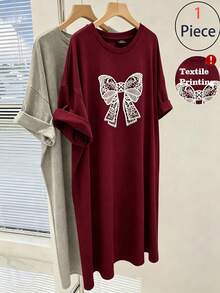 GlowEve CURVE Plus Size Casual & Commute Elegant Comfortable Straight Short Sleeve Butterfly Print Dress, Spring/Summer - Burgundy - View 1