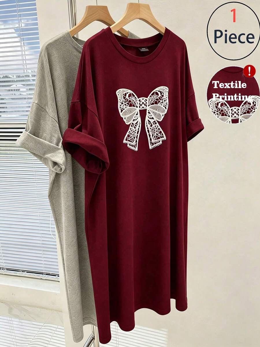 GlowEve CURVE Plus Size Casual & Commute Elegant Comfortable Straight Short Sleeve Butterfly Print Dress, Spring/Summer - Burgundy - View 1