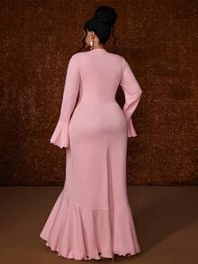 Maweii Plus Size Long Sleeve Fishtail Sweet Minimalist Sexy Ruffle Hem Dress - Pink - View 6