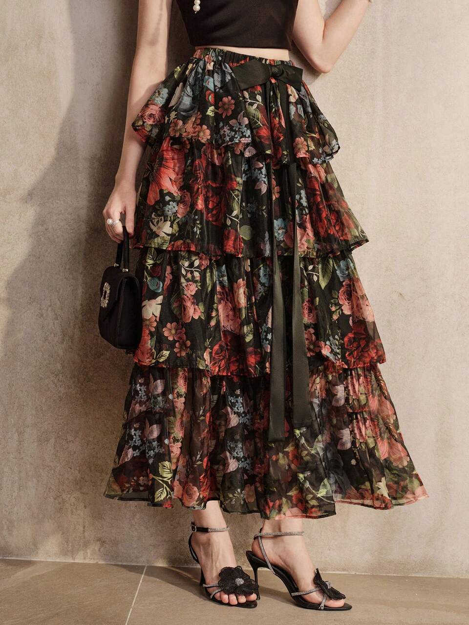 Elegant Party Ruffled Floral Print Black Chiffon Skirt For Women