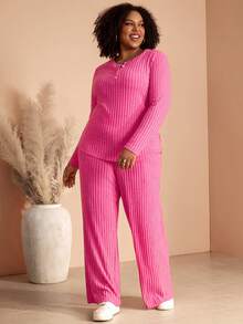 BrightlyHer Plus Size Women's Autumn/Winter Casual Solid Color T-Shirt Top And Wide Leg Pants 2-Piece Set With Pockets - Pink - View 6