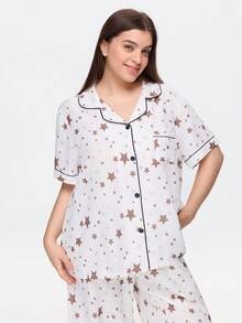 Bonmuse Plus Size Bubble Crinkle Star Print Lapel Short Sleeve Pajama Set Star Print Pajamas Cute Pajama Set For Women Comfy Pajamas Set Women's Sleepwear - White - View 6