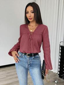 SHEIN 女款純色喇叭袖休閒波希米亞風前綁帶襯衫，適合早午餐、約會之夜，灰玫瑰色，秋季 - 棕色 - 查看 4