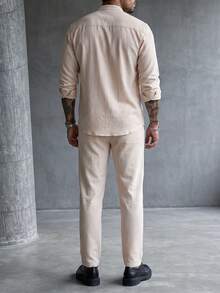 Manfinity Homme 2026 Spring Summer Beige Striped Linen Matching Set For Men Breathable Slub Linen Short Sleeve Shirt - Beige - View 2