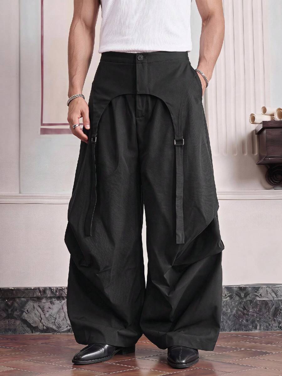 SWAVVY Pantalones largos de pierna ancha con diseño deconstruido y plisado para hombres - Negro - Ver 1