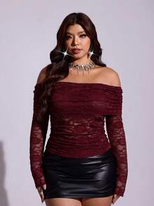 Viva Relle Plus Size Vintage Burgundy Cold Shoulder Lace Top For Women, Folded Collar, Ruched Waist, Long Sleeve Base Layer Fall - Burgundy - View 2