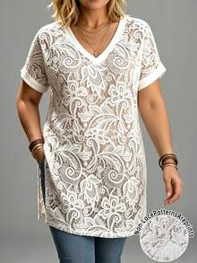SHEIN LUNE CURVE 大尺碼夏季休閒仿蕾絲印花側開衩T恤 - 米色 - 查看 7
