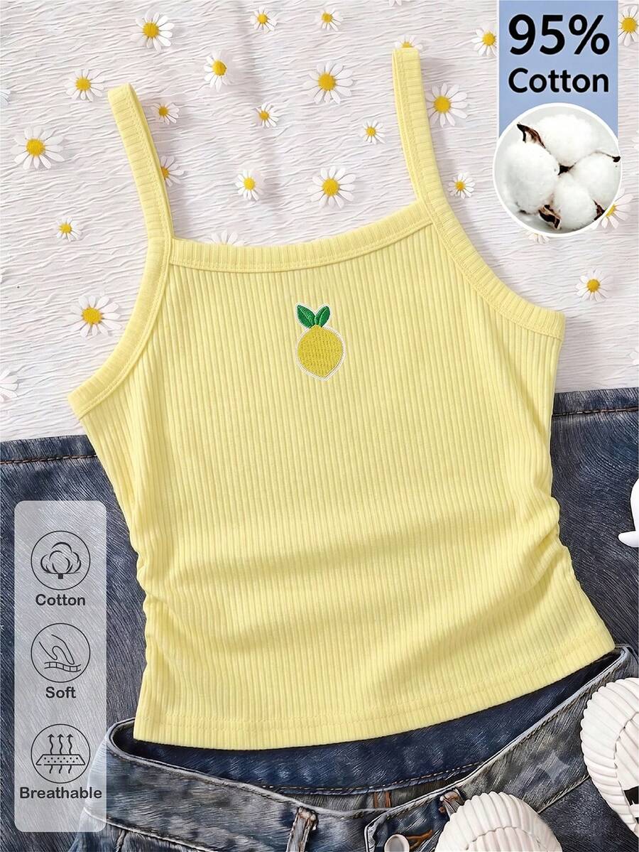 SHEIN 青少年女孩清新溫柔風細肩帶背心，檸檬刺繡貼布裝飾，活潑俏皮，適合秋季，可愛