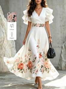 SHEIN LUNE Vestido elegante con volantes en capas y dobladillo, adecuado para ir al trabajo - Blanco - Ver 3