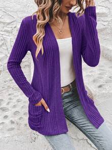 EMERY ROSE Casual Women's Ribbed Cardigan With Regular Fit & Open Front In Fall/Winter - Purple - View 7