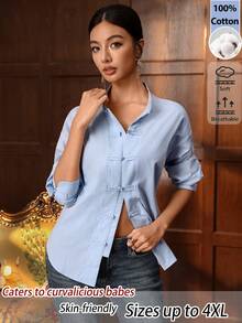 EastFlair Plus Size Fashionable Blue Long-Sleeved Stand-Up Collar Chinese Style Shirt, Breathable Top, Unique Frog Button Design, Soft And Skin-Friendly - Baby Blue - View 9