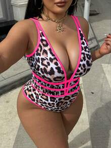 Swim SXY 大码女式豹纹深V领性感露背连体泳衣，适合海滩和度假 - 彩色 - 查看 5