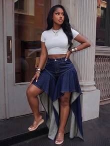 Slaydiva Women's Designer Button Pocket Front Short Back Long Denim Jeans - Blue - View 7