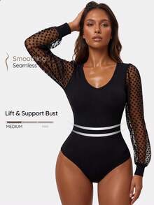 SHAPORA Women Solid Seamless Waist Cincher Briefs Bodysuit Heart Jacquard Mesh Lace V-Neck Long Lantern Sleeve ShapewearTummy Control For Multiple Ocassions - Black - View 5