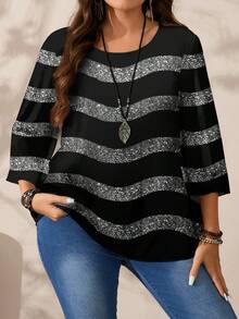 EMERY ROSE Plus Size Women Black Striped Autumn Shirt, Smart Casual Normal All-Over Print Round Neck Loose 3/4 Sleeve Tops, Night Out Club Flower Summer - Multicolor - View 6