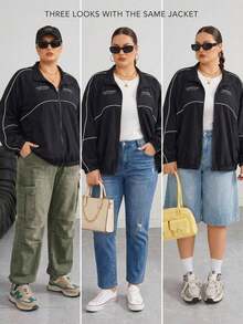 SHEIN CURVE+ Plus Size Casual Smart Contrast Trim Letter Print Jacket, 90s Style Jacket, Autumn Winter, 2026 22W - Black - View 8