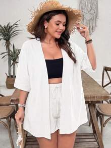 SHEIN VCAY Plus Size Women Solid Color Mid-Sleeve Top And Shorts Casual Daily 2 Pieces Set - White - View 5