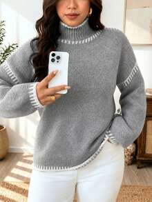 Weeklong Plus Size Contrast Color High Neck Long Sleeve Slouchy Commute Autumn/Winter Versatile Knit Sweater Thickened - Grey - View 3