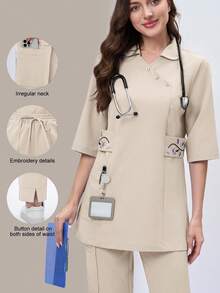 Scrubzie Parte superior de uniforme de bata larga con cuello asimétrico y bordado - Caqui - Ver 1