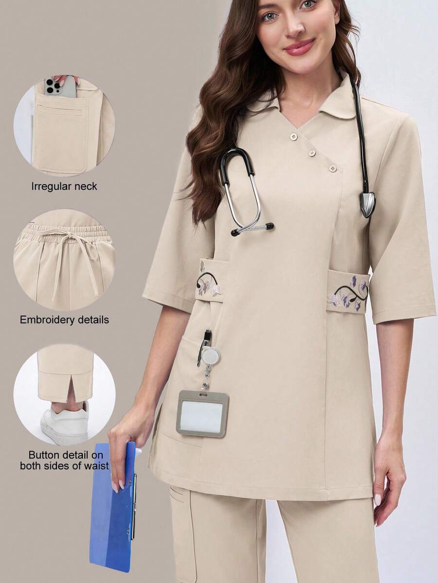 Scrubzie Parte superior de uniforme de bata larga con cuello asimétrico y bordado - Caqui - Ver 1