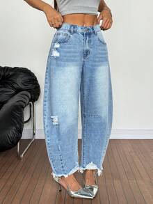 SHEIN Tall 女款水洗破洞口袋休閒街頭風錐腳牛仔褲，適合辦公、日間日常、返校穿著，牛仔女孩風，夏季淺藍色 - 藍色 - 查看 5