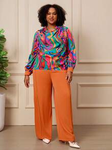 BrightlyHer Plus Size Women's Floral Print Long Sleeve Top Elastic Waist Pants Two Pieces Set Brunch 1920 Vintage Autumn Rainbow Burnt Orange - Multicolor - View 6