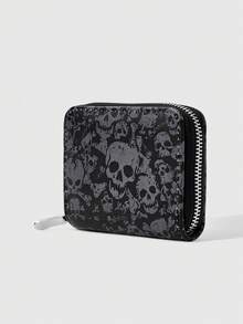 ROMWE Grunge Punk محفظة قصيرة بسحاب بتصميم جمجمة داكن، حقيبة بطاقات محمولة متعددة البطاقات، محفظة PU بأسلوب شارع شخصي - الأسود - مشاهدة 2