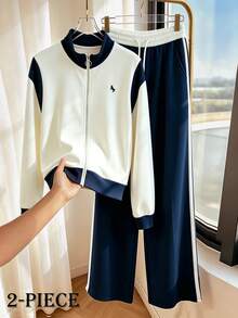 GlowEve Women's 2pcs Tracksuit: Colorblock Zip Collar Jacket + Striped Drawstring Wide Leg Pants With START E - Multicolor - View 4