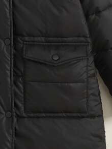SHEIN Tween女孩休閒連帽拉鍊長款加厚外套，附口袋，百搭冬季黑色外套，秋季端莊約會穿搭，女孩Tween女孩冬季外套 - 黑色 - 查看 8