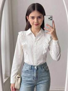 少女白色休閒甜美蕾絲拼接荷葉邊長袖襯衫，少女套裝，返校穿搭 - 白色 - 查看 5