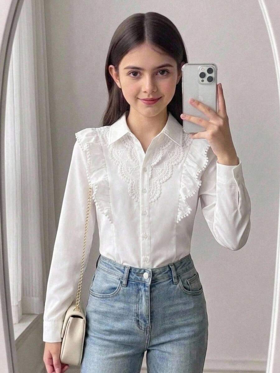 Blus Lengan Panjang Putih Kasual Manis dengan Hiasan Renda dan Ruffle untuk Anak Perempuan Remaja, Pakaian untuk Kembali ke Sekolah - Putih - View 1