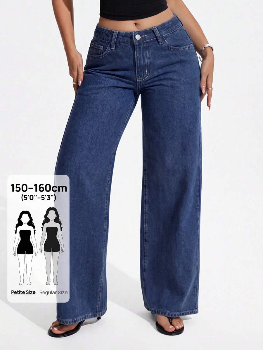 SHEIN PETITE بنطلون جينز نسائي بساق مستقيمة بأسلوب Y2K - أزرق غامق - مشاهدة 1