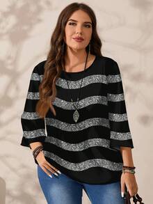 EMERY ROSE Plus Size Women Black Striped Autumn Shirt, Smart Casual Normal All-Over Print Round Neck Loose 3/4 Sleeve Tops, Night Out Club Flower Summer - Multicolor - View 7