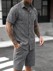 Manfinity CasualCool Men's Striped Short Sleeve Shirt And Shorts Casual Set - Multicolor - View 4