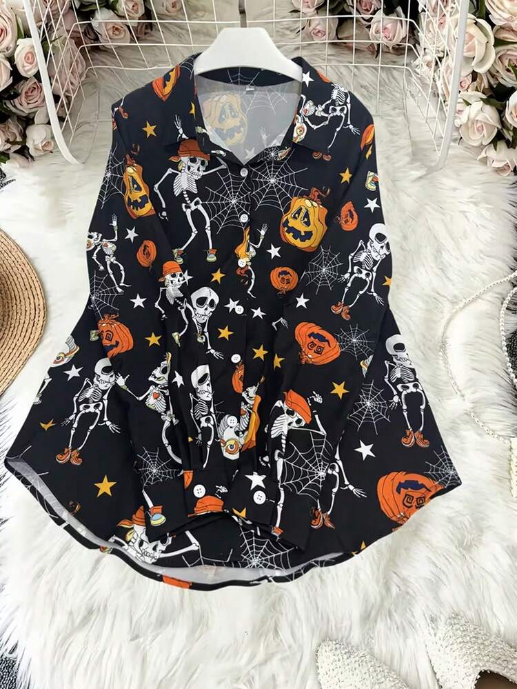 EMERY ROSE Skeleton Dancing And Pumpkin Head Print Long Sleeve Shirt, Women's Clothing, Halloween Shirt Fall - Multicolor - View 4