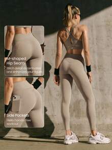 GLOWMODE 24" FeatherFit™-Sculpt Sweat-O-Clock 加壓防捲腹部收腹無前縫側口袋運動緊身褲 低強度訓練跑步健身房適用 - 卡其色 - 查看 5