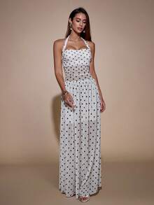 SHEIN Glamour 白色波點掛脖式長洋裝,女款抓皺腰部透視網紗長裙,適合海灘度假 - 彩色 - 查看 7