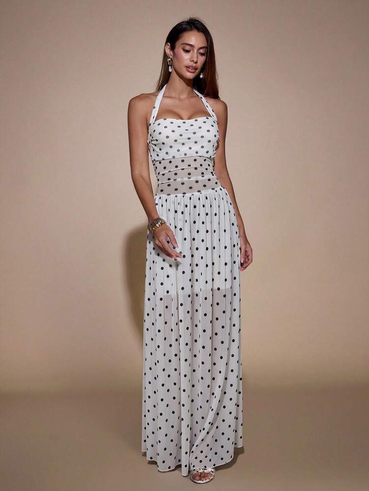 SHEIN Glamour فستان ماكسي أبيض بنقاط بولكا مع حمالة رقبة، فستان طويل نسائي بخصر مجعد وشبك شفاف، مناسب للشاطئ والعطلات - متعدد الألوان - مشاهدة 6