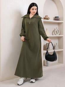 Veilorie Women's Autumn/Winter Casual Solid Color Long Green Dress - Green - View 6